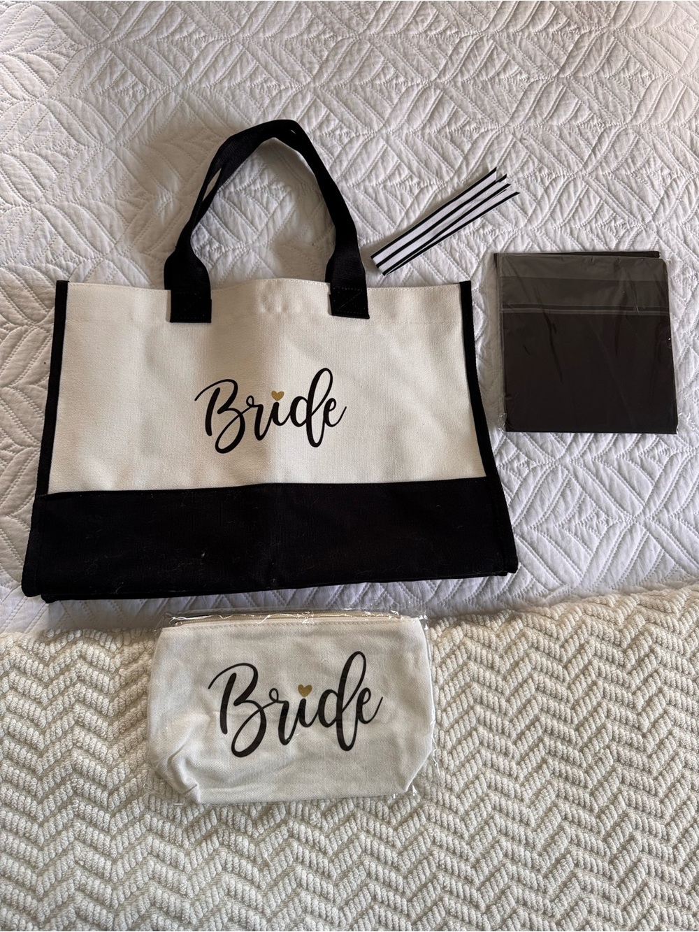 Bride Canvas Tote and Pouch Set in White and Black